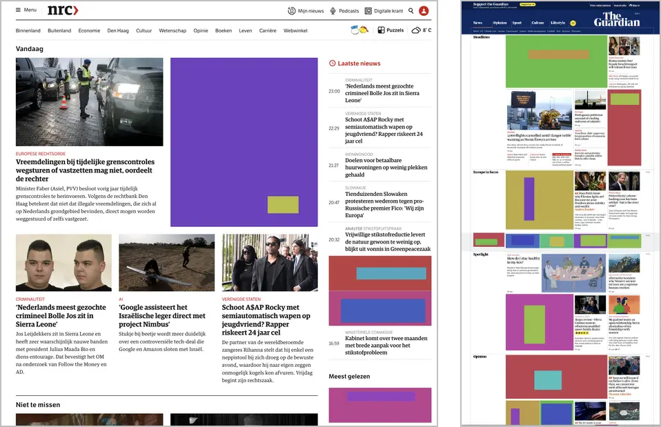 A screenshot of the NRC, and the Guardian newspapers, with wuite some articles replaced by a colourful rectangle.